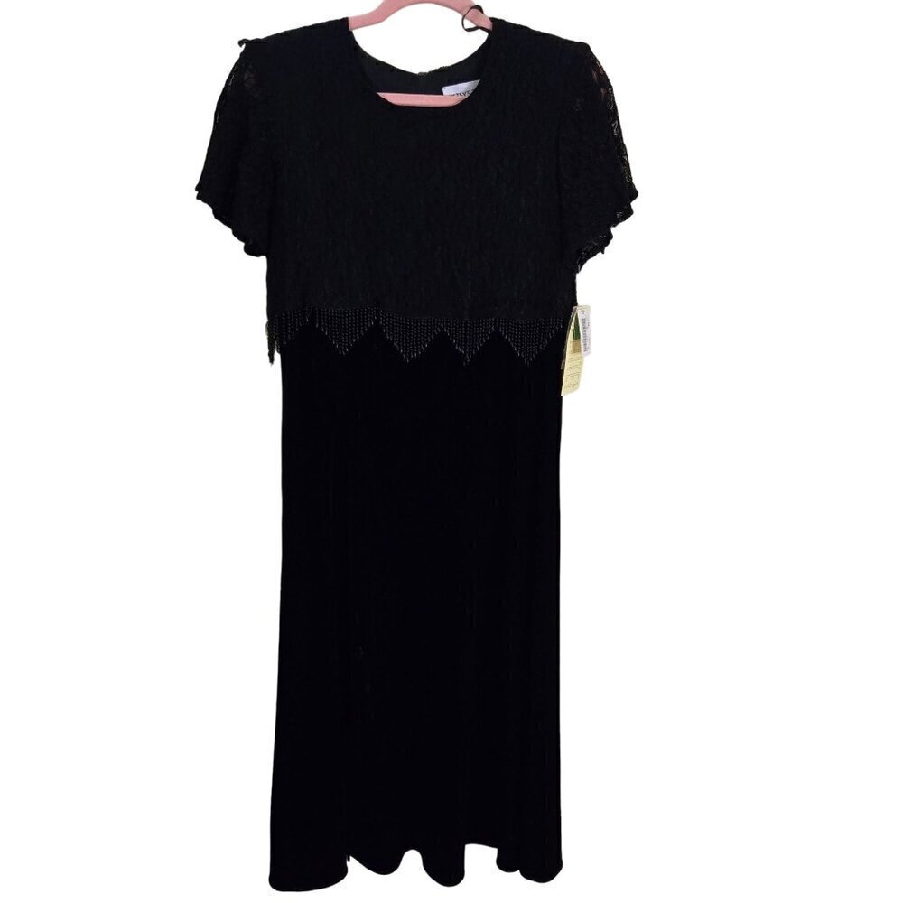 Betsy's Things Vintage Deadstock Black Lace Velvet Beaded Maxi Dress Size 10p